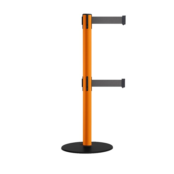 Montour Line Retractable Dbl Belt 2.5" Orange Post , Low Base, 7.5'Dk Gry Belt S400D-OR-DGY-75 - main